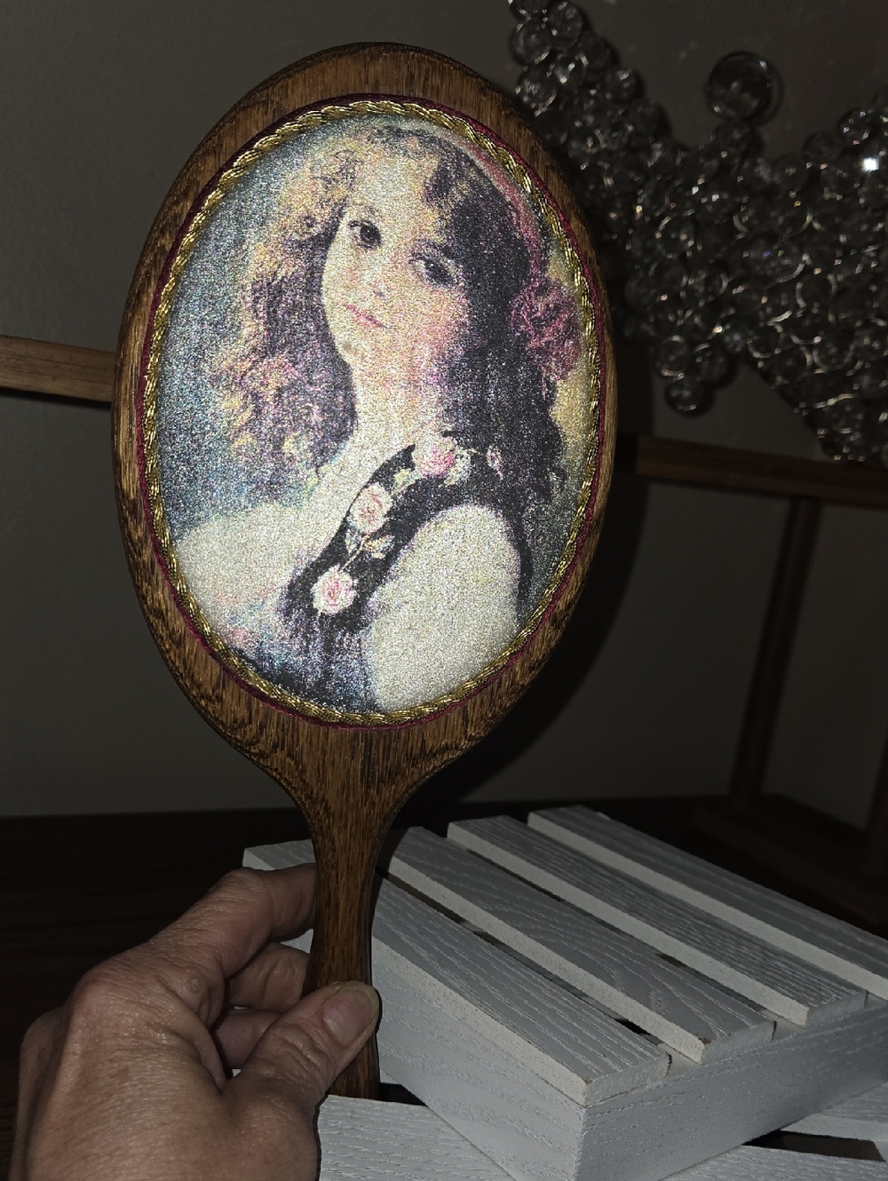 Oval Wooden Hand Mirror with Floral Portrait - Brown